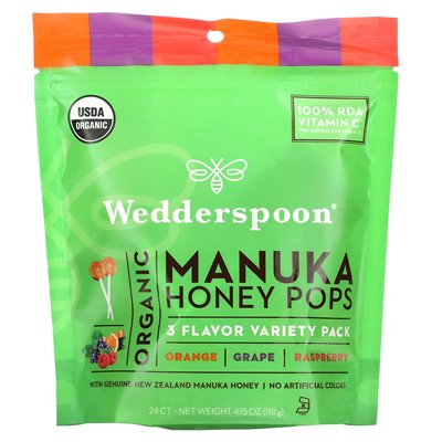 Wedderspoon, Organic Manuka Honey Pops, 3 Flavors, 24 Count, 4.15 Ounces (118 G)