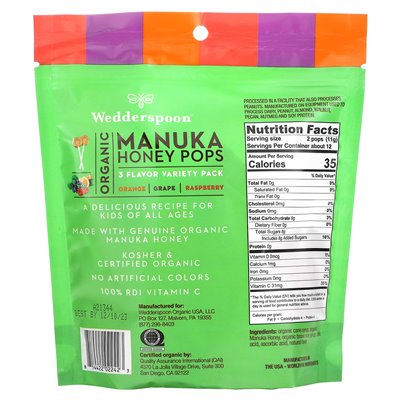 Wedderspoon, Bio-Manuka-Honig-Pops, 3 Geschmacksrichtungen, 24 Stück, 4,15 Unzen (118 g)