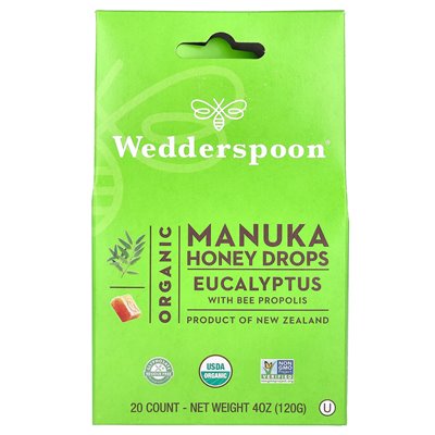 Wedderspoon, organiczne krople miodu manuka, eukaliptus z pszczołą propolis, 20 crowin, 4 uncje (120 g)