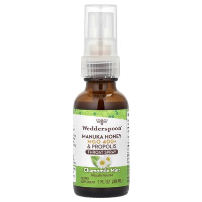 Wedderspoon, Manuka Honey &amp Propolis Gardło Spray, Mint Rumianek, MGO 400+, 1 Fl Oz (30 ml)