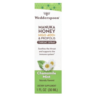 Wedderspoon, Manuka Honey &amp Propolis Gardło Spray, Mint Rumianek, MGO 400+, 1 Fl Oz (30 ml)