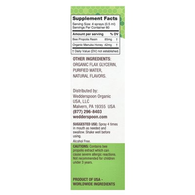 Wedderspoon, Manuka Honey &amp Propolis Gardło Spray, Mint Rumianek, MGO 400+, 1 Fl Oz (30 ml)
