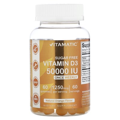 Vitamatic, bez cukru witamina D3, naturalna pomarańcza, 1250 mcg (50 000 IU), 60 gumzy