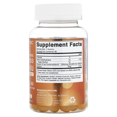 Vitamatic, bez cukru witamina D3, naturalna pomarańcza, 1250 mcg (50 000 IU), 60 gumzy