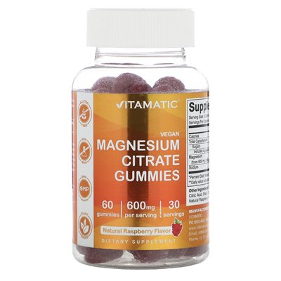 Vitamatic, vegane Magnesiumcitrat-Gummibärchen, natürliche Himbeere, 600 mg, 60 Gummibärchen (300 mg pro Gummibärchen)