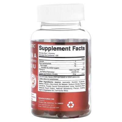 Vitamatic, witamina A (palmitynian retinylu), naturalna truskawka, 25 000 IU, 120 gumm