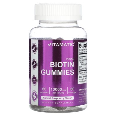 Vitamatic, wegańskie biotyny, naturalne malinę, 10 000 mcg, 60 gummy (5000 mcg na gumę)