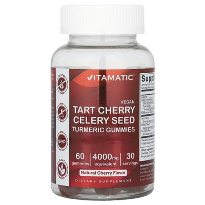 Vitamatic, vegan, tart celery with celery turmeric turmeric, natural cherry, 4000 mg, 60 gummies (2000 mg per gummy)