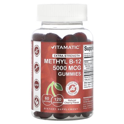 Vitamatic, Methyl B-12 Gummi, dodatkowa siła, naturalna wiśnia, 5000 mcg, 120 gummy (2500 mcg na gumę)