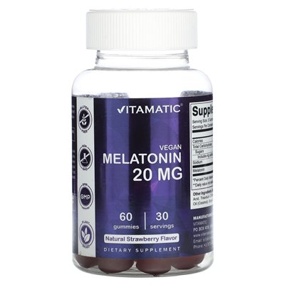 Vitamatic, wegańska melatonina, naturalna truskawka, 20 mg, 60 gumm (10 mg na gumę)