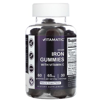 Vitamatic, Vegan Iron Gummies with Vitamin C, Natural Grape, 60 Gummies