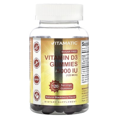 Vitamatic, Sugar Free Vitamin D3 Gummies, Natural Blackberry, 125 mcg (5,000 IU ), 120 Gummies