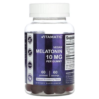 Vitamatic, wegańska melatonina, naturalna truskawka, 10 mg, 60 gumzy