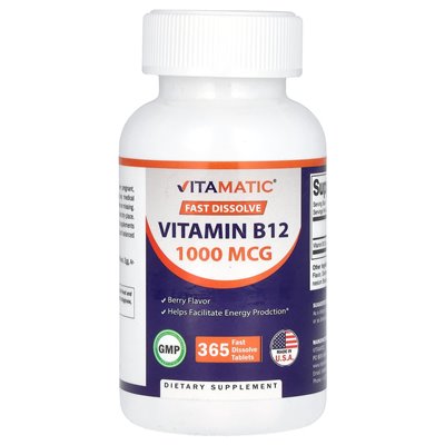 Vitamatic, witamina B12, Berry, 1000 mcg, 365 szybkich tabletek rozpuszczonych