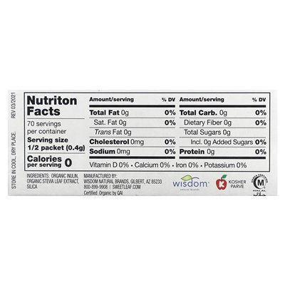 Natural Wisdom Sweet Organic Stevia Sweetener, 35 Packets, 1 Ounce (28.3 G)