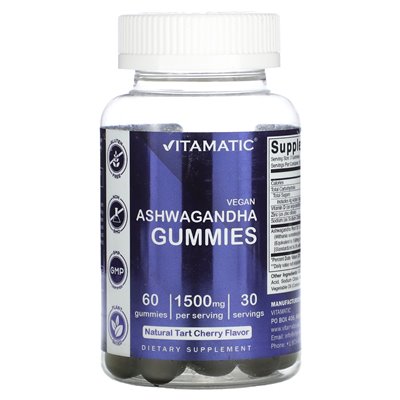 Vitamatic, wegański Ashwagandha, naturalna wiśnia tartowa, 1500 mg, 60 gummy (750 mg na gumę)