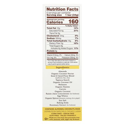 Simple Mills, Soft Baked Almond Flour, Spiced Carrot Cake, 5 Bars, 1.19 oz (34 g)