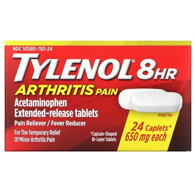 Tylenol, 8 godzin zapalenia stawów, ból gorączki przeciwbólowej, 650 mg, 24 kaplety
