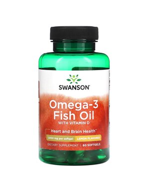 Swanson, Omega-3 Olej z Ryb z Witaminą D, Cytryna, 1,000 mg, 60 Softgeli