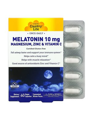 Country Life, Melatonina 10 mg Magnez, Cynk & Witamina C, 60 Wegańskich Kapsułek