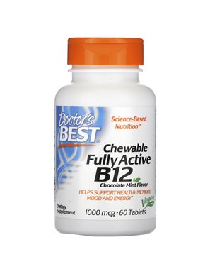 Doctor's Best, Żuć Aktywne B12, Czekoladowo-Mintowe, 1,000 mcg, 60 Tabletek