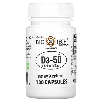 Bio Tech Pharmacal, D3-50, Cholecalciferol, 100 Capsules