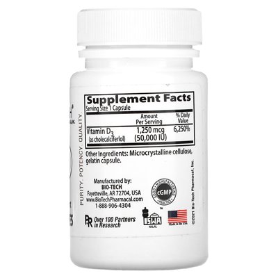 Bio Tech Pharmacal, D3-50, Cholecalciferol, 100 Capsules