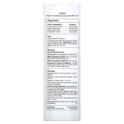 COSRX, witamina E, witalizujące filtr przeciwsłoneczny, SPF 50+, 1,69 fl oz (50 ml)