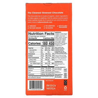 Alter Eco, Organic Dark Chocolate, Orange Darkening, 85% Cocoa, 2.65 oz (75 g)