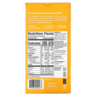 Alter Eco, organiczna ciemna czekolada, zaciemnienie migdałów, 85% kakao, 2,65 uncji (75 g)