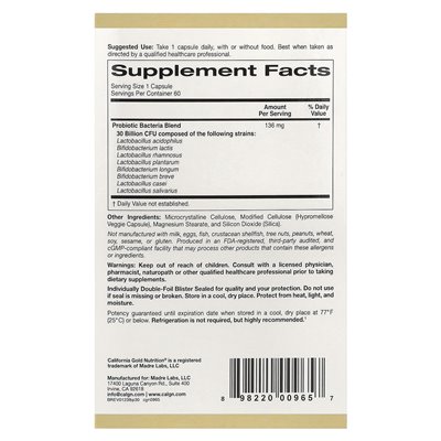 California Gold Nutrition, Lactobif 30 Probiotika, 30 Milliarden KBE, 60 vegetarische Kapseln