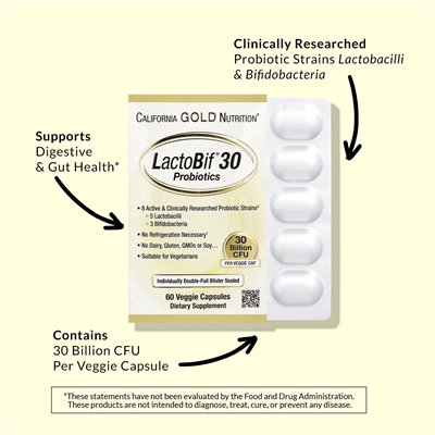 California Gold Nutrition, Lactobif 30 Probiotyki, 30 miliardów CFU, 60 kapsułek wegetariańskich