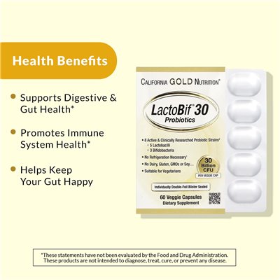 California Gold Nutrition, Lactobif 30 Probiotyki, 30 miliardów CFU, 60 kapsułek wegetariańskich