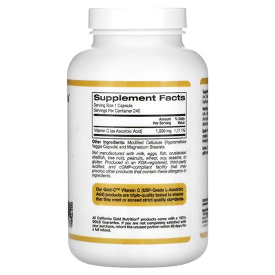 California Gold Nutrition, Gold C, USP Grade Vitamin C, 1000 mg, 240 Vegetarian Capsules