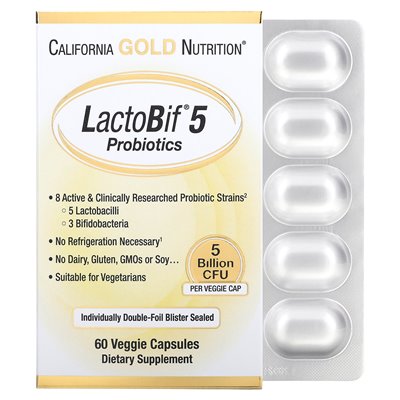 California Gold Nutrition, Lactobif 5 Probiotyki, 5 miliardów CFU, 60 kapsułek wegetariańskich California Gold Nutrition, Lactobif 5 Probiotyki, 5 miliardów CFU, 60 kapsułek wegetariańskich