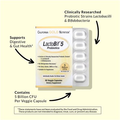 California Gold Nutrition, Lactobif 5 Probiotyki, 5 miliardów CFU, 60 kapsułek wegetariańskich California Gold Nutrition, Lactobif 5 Probiotyki, 5 miliardów CFU, 60 kapsułek wegetariańskich