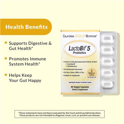 California Gold Nutrition, Lactobif 5 Probiotyki, 5 miliardów CFU, 60 kapsułek wegetariańskich California Gold Nutrition, Lactobif 5 Probiotyki, 5 miliardów CFU, 60 kapsułek wegetariańskich