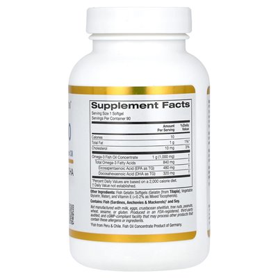 California Gold Nutrition, Omega 800 Ultra-componated Omega-3 Oil rybny, postać trójglicerydów KD, 1000 mg, 90 żelatynowych mięk California Gold Nutrition, Omega 800 Ultra-componated Omega-3 Oil rybny, postać trójglicerydów KD, 1000 mg, 90 żelatynowych mięk