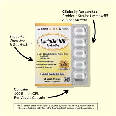California Gold Nutrition, Lactobif® 100 probiotyki, 100 miliardów CFU, 30 kapsułek wegetariańskich California Gold Nutrition, Lactobif® 100 probiotyki, 100 miliardów CFU, 30 kapsułek wegetariańskich