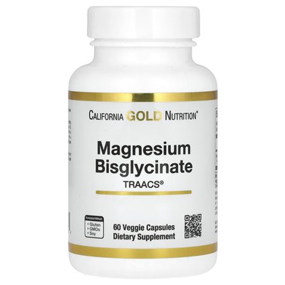 California Gold Nutrition, Bisglicynian magnezu, sformułowany z Traacs®, 200 mg, 60 kapsułek wegetariańskich (100 mg na kapsułkę