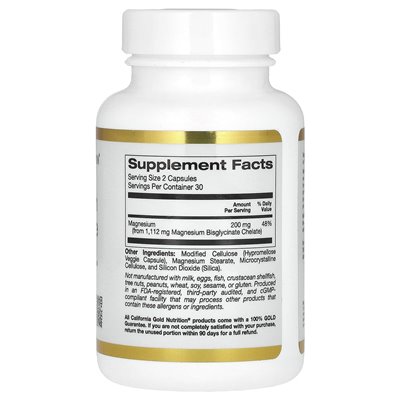 California Gold Nutrition, Bisglicynian magnezu, sformułowany z Traacs®, 200 mg, 60 kapsułek wegetariańskich (100 mg na kapsułkę