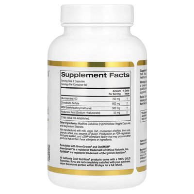 California Gold Nutrition, glukozamina, chondroitin, MSM plus kwas hialuronowy, 120 czapek wegetariańskich