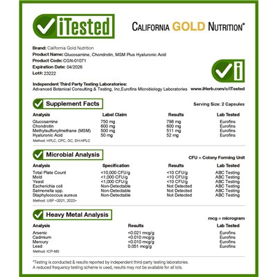California Gold Nutrition, Glucosamine, Chondroitin, MSM plus Hyaluronic Acid, 120 Vegetarian Caps