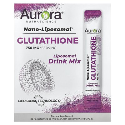 Aurora Nutascicience, Nano-Liposomal®, glutation, mieszanka napojów liposomalnych, 750 mg, 30 pakietów, 0,32 uncji (9 g) każdy Aurora Nutascicience, Nano-Liposomal®, glutation, mieszanka napojów liposomalnych, 750 mg, 30 pakietów, 0,32 uncji (9 g) każdy