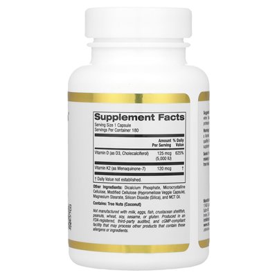 California Gold Nutrition, Vitamin D3 + K2, 180 vegetarische Kapseln