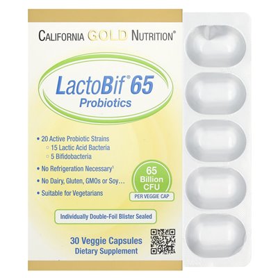 California Gold Nutrition, Lactobif® 65 Probiotics, 65 miliardów CFU, 30 kapsułek wegetariańskich California Gold Nutrition, Lactobif® 65 Probiotics, 65 miliardów CFU, 30 kapsułek wegetariańskich