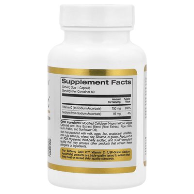 California Gold Nutrition, Bufored Gold C, Gold Standard Askorbinian Sodu (witamina C), 750 mg, 60 kapsułek wegetariańskich