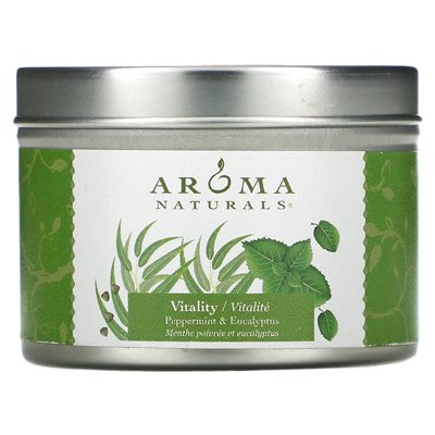 Aroma Naturals, Soj Vegepure, Travel Tin Candle, Vitality, Peppermint &amp Eukaliptus, 2,8 uncji (79,38 g)