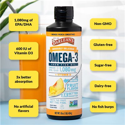 Barlean's, naprawdę pyszne, omega-3 z rybnego oleju, koktajl brzoskwiniowy, 16 uncji (454 g)