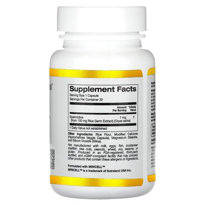 California Gold Nutrition, Spermidine, Rice Germ Extract, 1mg, 30 Vegetarian Capsules